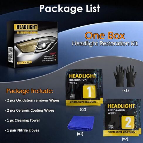 Headlight Restoration Kit, 2-Step Headlight Cleaner & Protective Coating Wipes, Removes Oxidation & Restores Clarity, Long-Lasting UV Protection, Headlight Polish No Power Tools Required (1 Set) in Kuwait
