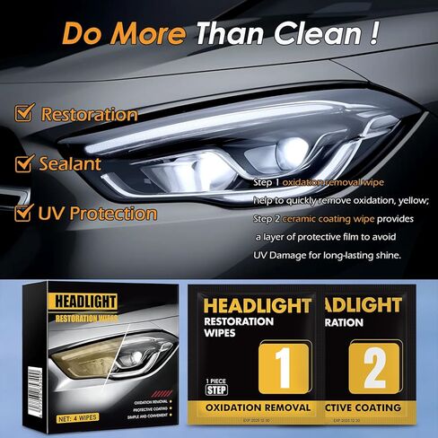 Headlight Restoration Kit, 2-Step Headlight Cleaner & Protective Coating Wipes, Removes Oxidation & Restores Clarity, Long-Lasting UV Protection, Headlight Polish No Power Tools Required (1 Set) in Kuwait
