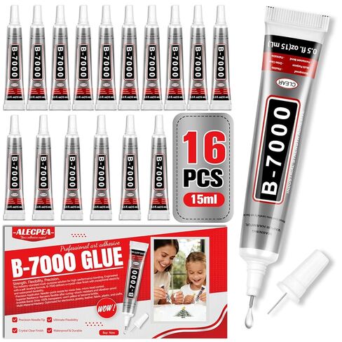 غراء حرفي B-7000 لصناعة المجوهرات - 15 مل/0.5 أونصة (16 عبوة) - متعدد الوظائف B-7000 غراء فائق اللصق سائل فيوجن غراء للحرف اليدوية بأحجار الراين، وأحذية الملابس، والنسيج، وصناعة المجوهرات، والهواتف المحمولة in Kuwait