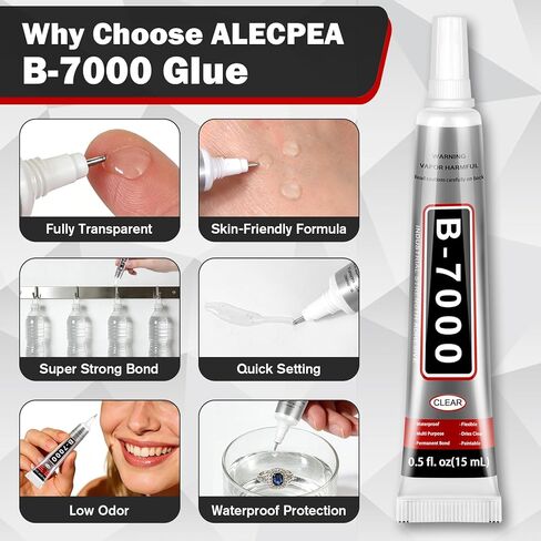 غراء حرفي B-7000 لصناعة المجوهرات - 15 مل/0.5 أونصة (16 عبوة) - متعدد الوظائف B-7000 غراء فائق اللصق سائل فيوجن غراء للحرف اليدوية بأحجار الراين، وأحذية الملابس، والنسيج، وصناعة المجوهرات، والهواتف المحمولة in Kuwait