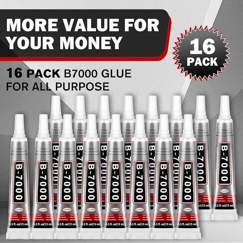 غراء حرفي B-7000 لصناعة المجوهرات - 15 مل/0.5 أونصة (16 عبوة) - متعدد الوظائف B-7000 غراء فائق اللصق سائل فيوجن غراء للحرف اليدوية بأحجار الراين، وأحذية الملابس، والنسيج، وصناعة المجوهرات، والهواتف المحمولة in Kuwait