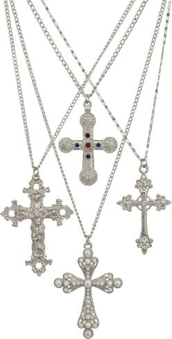 Layered Cross Necklace Silver Set for Women, 4-Piece Chunky Pearl Cross Stack Christian Necklaces, Adjustable Vintage Long Y Boho Gothic Statement Jewelry Gift in Saudi Arabia