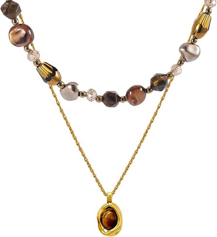 Bohemian Tiger's Eye Layered Necklace - Women's Healing Crystal Jewelry with 14K Gold-Tone Chain, Vintage Light Luxury Gift for Her in Kuwait