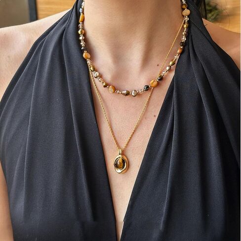 Bohemian Tiger's Eye Layered Necklace - Women's Healing Crystal Jewelry with 14K Gold-Tone Chain, Vintage Light Luxury Gift for Her in Kuwait