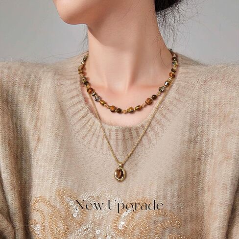 Bohemian Tiger's Eye Layered Necklace - Women's Healing Crystal Jewelry with 14K Gold-Tone Chain, Vintage Light Luxury Gift for Her in Kuwait