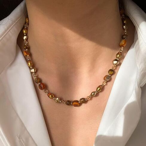 Bohemian Tiger's Eye Layered Necklace - Women's Healing Crystal Jewelry with 14K Gold-Tone Chain, Vintage Light Luxury Gift for Her in Kuwait