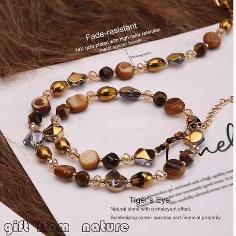 Bohemian Tiger's Eye Layered Necklace - Women's Healing Crystal Jewelry with 14K Gold-Tone Chain, Vintage Light Luxury Gift for Her in Kuwait