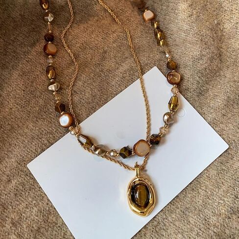Bohemian Tiger's Eye Layered Necklace - Women's Healing Crystal Jewelry with 14K Gold-Tone Chain, Vintage Light Luxury Gift for Her in Kuwait