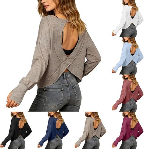 Open Back Long Sleeve Workout Tops for Women Cropped Athletic Tops Pilates Outfits Gym Running Yoga Workout Shirts in Saudi Arabia
