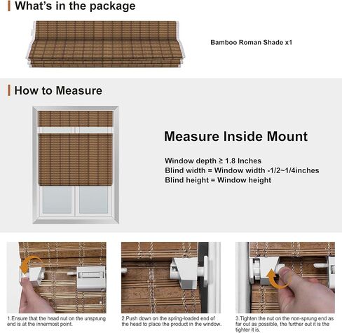 Top Down Bottom Up No Drill Cordless Bamboo Roman Shades, Room Darkening Blinds for Interior Windows, Blackout Window Treatment, Bamboo Blinds for Windows, LM30BM102B,34" W x 36" H in Saudi Arabia