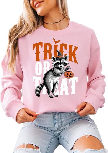 Trick or Treat Raccoon Halloween Sweatshirt – Funny Cozy Crewneck Pullover for Women in Kuwait