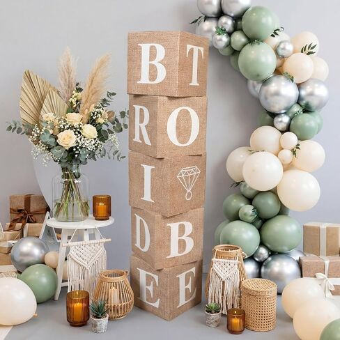 5 Pcs Burlap Print Boho Bridal Shower Decoration Boxes with Letters Decor Rustic Farmhouse Style Boho Balloon Box with Burlap Grain for Bridal Shower Wedding Engagement Party Supplies Decor in Saudi Arabia