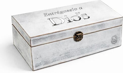 DOVE DESIGNS Spanish Prayer Box (Caja de Oración) – Whitewash Acacia Wood & Metal, Engraved “Entrégaselo a Dios", Includes Prayer & Praise Cards, Christian Gift for Women & Men in Saudi Arabia