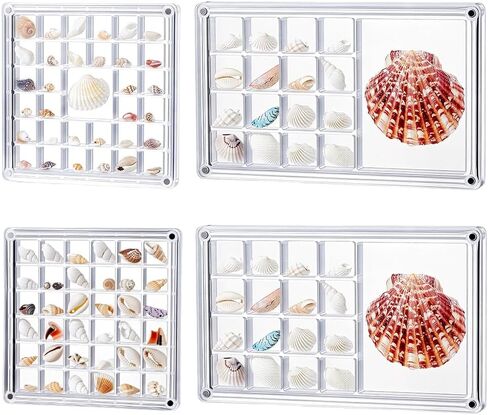 AHANDMAKER 4Pcs Clear Acrylic Seashell Display Box 7.05x4.33in 4.65x4.61in Grid Bead Organizer Seashell Shadow Box for Home Decor Small Craft Storage Beach Holiday Christmas Decoration in Saudi Arabia