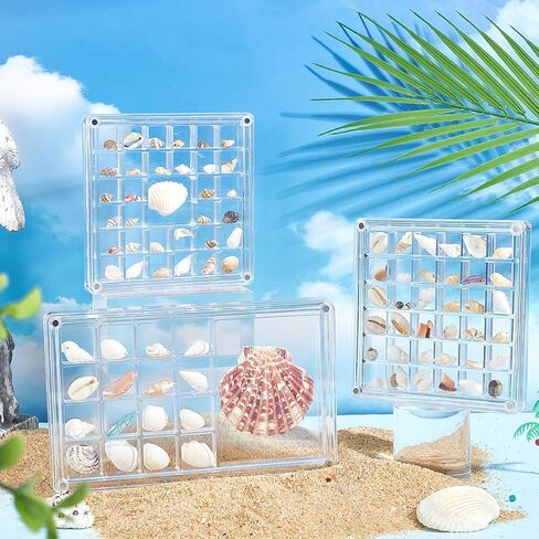 AHANDMAKER 4Pcs Clear Acrylic Seashell Display Box 7.05x4.33in 4.65x4.61in Grid Bead Organizer Seashell Shadow Box for Home Decor Small Craft Storage Beach Holiday Christmas Decoration in Saudi Arabia