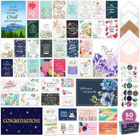 Decorably 50 Pack 4x6in Christian Assorted Greeting Cards for All Occasions Box with Envelopes & Stickers, 50 Religious Designs, Printed Message Inside - Birthday, Thank You, Congratulations, Wedding in Saudi Arabia