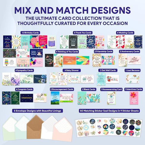 Decorably 50 Pack 4x6in Christian Assorted Greeting Cards for All Occasions Box with Envelopes & Stickers, 50 Religious Designs, Printed Message Inside - Birthday, Thank You, Congratulations, Wedding in Saudi Arabia