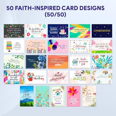 Decorably 50 Pack 4x6in Christian Assorted Greeting Cards for All Occasions Box with Envelopes & Stickers, 50 Religious Designs, Printed Message Inside - Birthday, Thank You, Congratulations, Wedding in Saudi Arabia