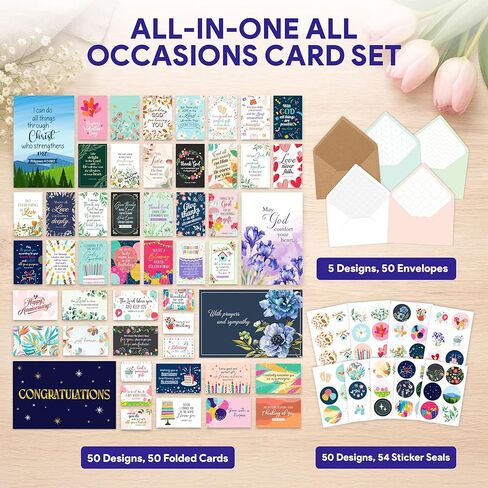 Decorably 50 Pack 4x6in Christian Assorted Greeting Cards for All Occasions Box with Envelopes & Stickers, 50 Religious Designs, Printed Message Inside - Birthday, Thank You, Congratulations, Wedding in Saudi Arabia