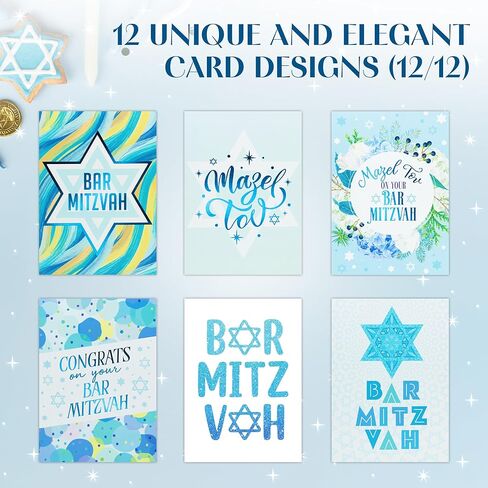 Decorably 12 Pack Foiled & Glittery 5x7in Assorted Bat Mitzvah Cards for Girls & Boys with Envelopes and Stickers, 12 Folded Elegant Designs for Loved Ones, Printed Message Inside, Gifting & Mailing in Saudi Arabia