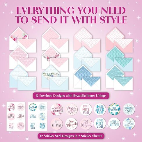 Decorably 12 Pack Foiled & Glittery 5x7in Assorted Bat Mitzvah Cards for Girls & Boys with Envelopes and Stickers, 12 Folded Elegant Designs for Loved Ones, Printed Message Inside, Gifting & Mailing in Saudi Arabia