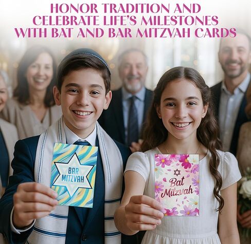 Decorably 12 Pack Foiled & Glittery 5x7in Assorted Bat Mitzvah Cards for Girls & Boys with Envelopes and Stickers, 12 Folded Elegant Designs for Loved Ones, Printed Message Inside, Gifting & Mailing in Saudi Arabia