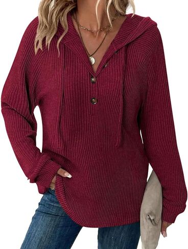 Hoodies Sweatshirt for Women Long Sleeve Oversized Sweaters Drawstring Button Up V Neck Shirts Casual Pullover Tops in Saudi Arabia