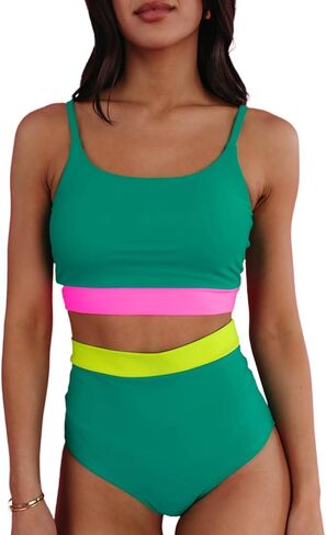 Women's Sea Green Contrast Trim Colorblock High Waisted Bikini Set in Kuwait