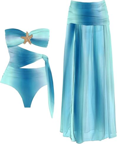 WDIRARA Women's Ombre Two Piece Bathing Suit Cut Out Bandeau One Piece Swimsuit with Long Cover Up Skirt in Saudi Arabia