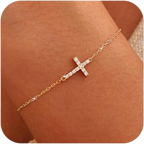 SUYACS 14k Gold Plated Cross Bracelet for Women Dainty 925 Sterling Silver Cubic Zirconia Link Chain Bracelets Religious Christian Birthday Jewelry Gifts for Mom to Daughter in Kuwait