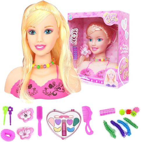 Makeup Pretend Playset for Girls - 17Pcs Hairdressing Styling Head Doll Makeup Toy Educational Toy Gift -C in Kuwait