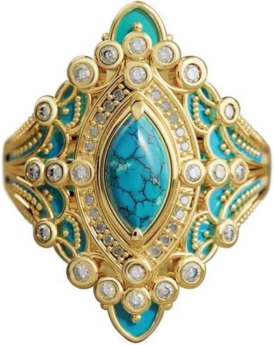 خمر ماركيز قص الفيروز الأزرق رسمت المينا خواتم مجوهرات للنساء 18K الذهب مطلي النمط البريطاني بيان خواتم للنساء مجوهرات عيد ميلاد هدية حجم 6-10 (8) in Kuwait