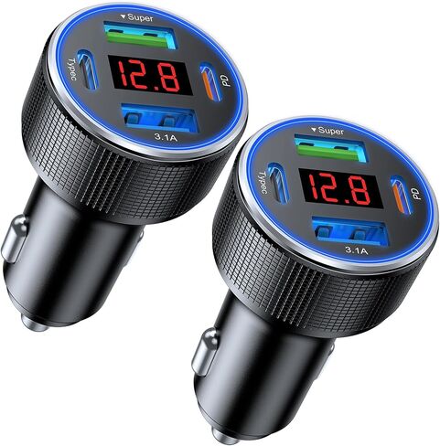 USB C Car Charger Adapter, 78W 4 Port Metal Fast Charging USB Car Charger with Voltmeter Dual USB C Car Phone Charger Type C Cigarette Lighter USB Charger for iPhone 15/14/13/12, Samsung Galaxy, iPad in Saudi Arabia