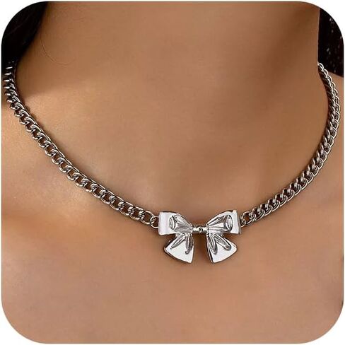 Gold Silver Bow Statement Choker Necklace for Women, Trendy Simple Bowknot Pendant Necklace Delicate Dress Shirts Sweaters Jewelry Accessories Gifts in Kuwait