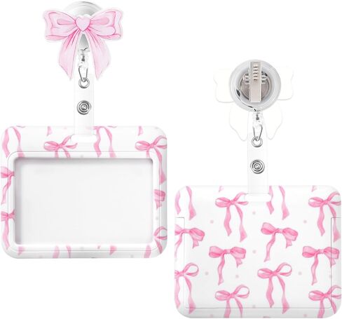 Id Badge Holder Horizontal with Pink Bow Badge Reel, Pink Bow Id Card Holder with Retractable Badge Clip, Cute Horizontal Name Tag Holders for Nurse Doctor Teacher Student in Kuwait