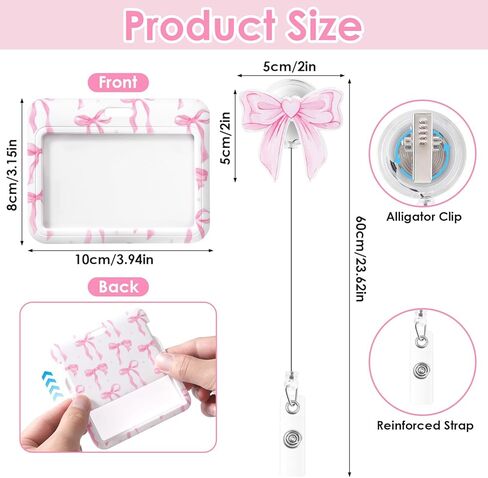 Id Badge Holder Horizontal with Pink Bow Badge Reel, Pink Bow Id Card Holder with Retractable Badge Clip, Cute Horizontal Name Tag Holders for Nurse Doctor Teacher Student in Kuwait