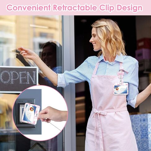 Id Badge Holder Horizontal with Pink Bow Badge Reel, Pink Bow Id Card Holder with Retractable Badge Clip, Cute Horizontal Name Tag Holders for Nurse Doctor Teacher Student in Kuwait