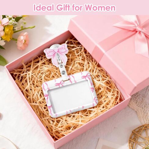 Id Badge Holder Horizontal with Pink Bow Badge Reel, Pink Bow Id Card Holder with Retractable Badge Clip, Cute Horizontal Name Tag Holders for Nurse Doctor Teacher Student in Kuwait