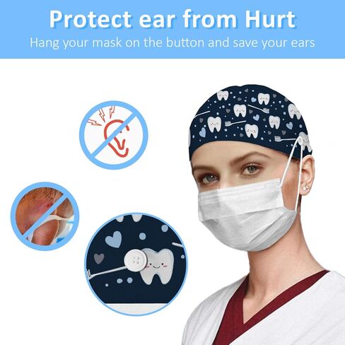 قبعات فرك للنساء على شكل ذيل حصان، قبعات جراحية قابلة للتعديل مع أزرار وعصابة رأس، قبعة منتفخة مع شعر مقصوص، قبعة ممرضة، قبعة عمل، أسنان زرقاء داكنة، قلوب كرتونية لطيفة، جميلة مضحكة لطب الأسنان in Saudi Arabia