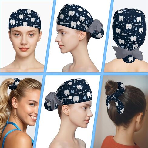 قبعات فرك للنساء على شكل ذيل حصان، قبعات جراحية قابلة للتعديل مع أزرار وعصابة رأس، قبعة منتفخة مع شعر مقصوص، قبعة ممرضة، قبعة عمل، أسنان زرقاء داكنة، قلوب كرتونية لطيفة، جميلة مضحكة لطب الأسنان in Saudi Arabia