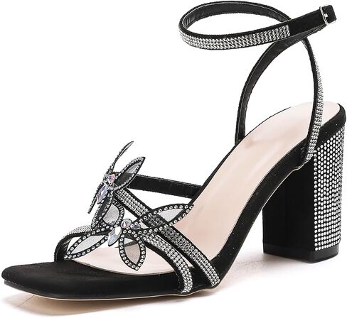 GATUXUS Women's Rhinestone Butterfly Chunky Heel Sandals Ankle Strappy Slingback Heels Square Open Toe Dress Shoes in Kuwait