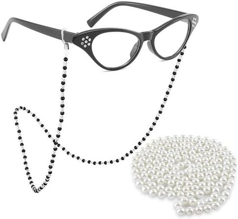 Old Lady Costume for Women Rhinestone Cat Eye Glasses Sunglass Chain Beaded Faux Pearl Necklace Costume accessories for Party (Black) in Kuwait