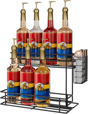 رف منظم لشراب القهوة من OVICAR - حامل زجاجات شراب 8 حامل لملحقات محطة القهوة في بار القهوة مع سلة كبسولات القهوة من القش، وطبقتين لتخزين سطح المطبخ لخلع النبيذ الشراب باللون الأسود in Kuwait