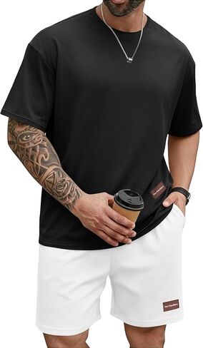 بدلات رياضية للرجال مكونة من قطعتين طقم تدريب تي شيرت كبير الحجم ومجموعة قصيرة للرجال بدلة رياضية للركض الصيفي in Kuwait