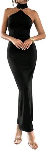 GORGLITTER Women's Mock Neck Halter Bodycon Maxi Dress Elegant Classy Sleeveless Summer Teacher Cocktai Party Sundress in Saudi Arabia