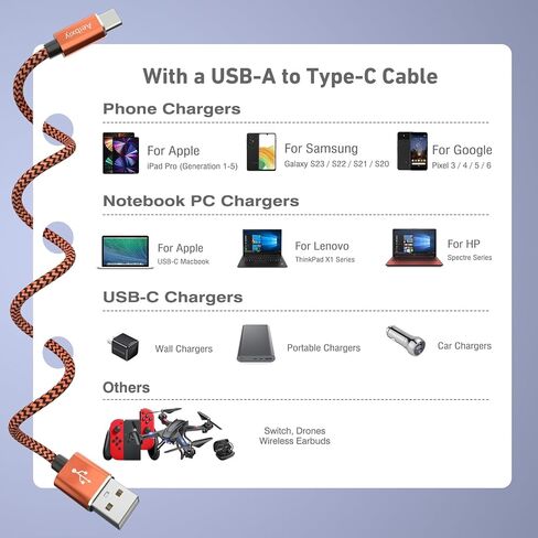 كابل USB C بطول 10 أقدام 5 قطع من كابل شحن من النوع C، USB A إلى USB C شحن سلك شحن مجدول من النايلون لهاتف Samsung Galaxy S20 S10 S9، A11 A20، Note 10 9 8، شاحن USB من النوع C in Kuwait