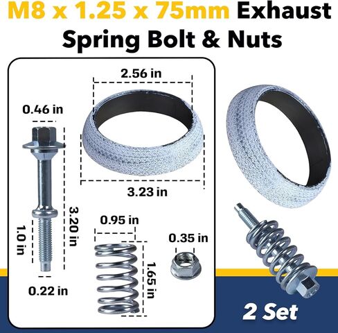 2-Pack Exhaust Flange Bolt & Gasket Repair Kit - M8 x 1.25 x 75mm Springs Nuts + 65mm ID Gasket for Exhaust Manifold in Kuwait