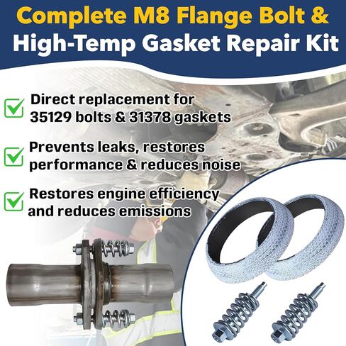 2-Pack Exhaust Flange Bolt & Gasket Repair Kit - M8 x 1.25 x 75mm Springs Nuts + 65mm ID Gasket for Exhaust Manifold in Kuwait