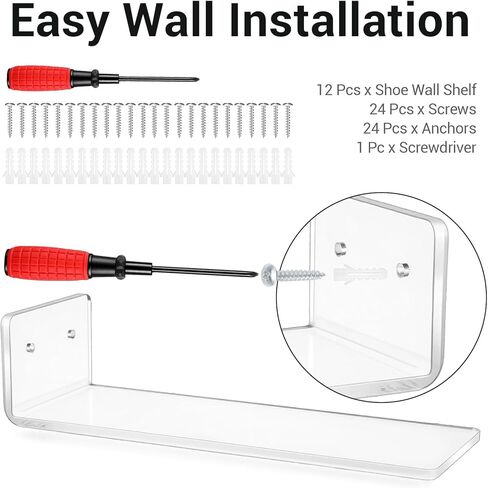 12 حزمة من أرفف الأحذية العائمة المصنوعة من الأكريليك الشفاف - رف عرض أحذية رياضية غير مرئي مثبت على الحائط لمجموعة الأحذية المرتفعة، سهل التركيب (يتضمن الأجهزة) in Kuwait