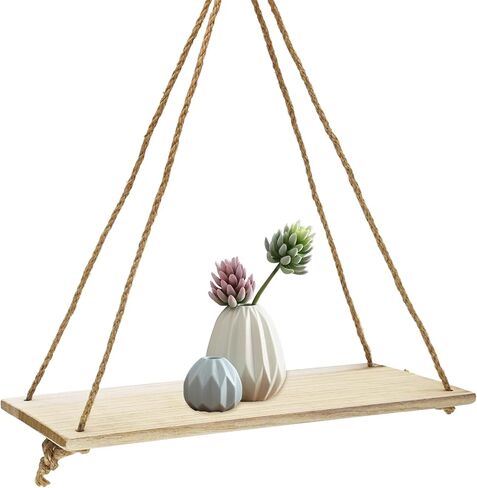 FuninCrea Hanging Shelves for Wall, 13.7×5.5 Inch Rustic Wood Floating Shelves with Swing Rope, Decorative Hanging Wall Shelf Photo Plant Display Shelf for Living Room Bedroom (Natural) in Kuwait